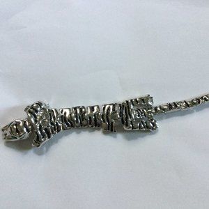 Tiger pin brooch silver tone metal green eyes black enamel long big